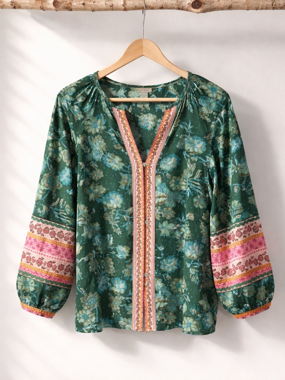 Sundance Boho Green Floral Embroidered Peasant Blouse Artisan Romantic Flowy L